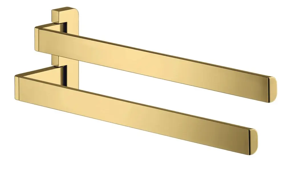Handtuchhalter in glänzendem Gold mit zwei senkrechten Armen, montiert an einer Wand. Hersteller: AXOR.